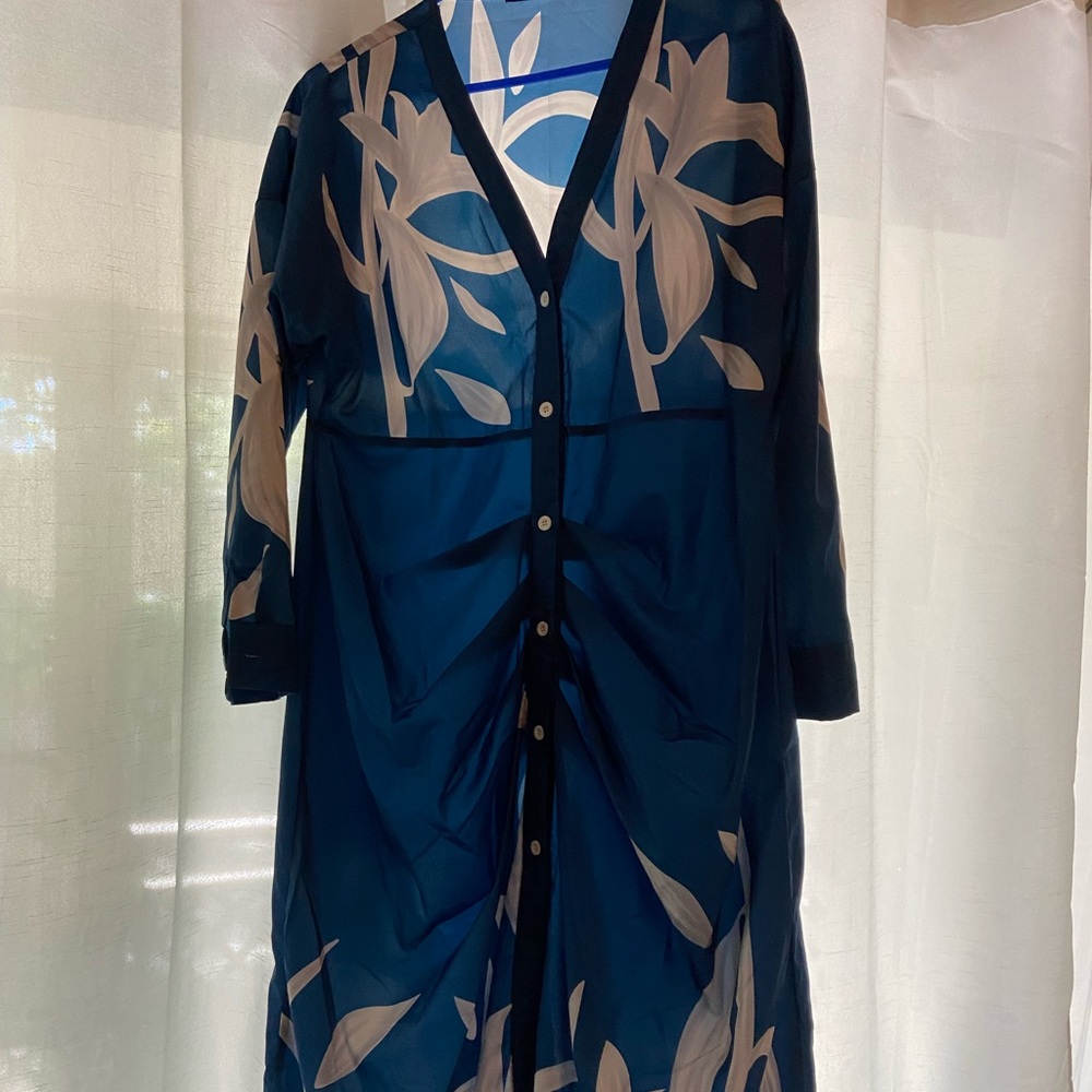 Blue and Cream Button-Up Long dress